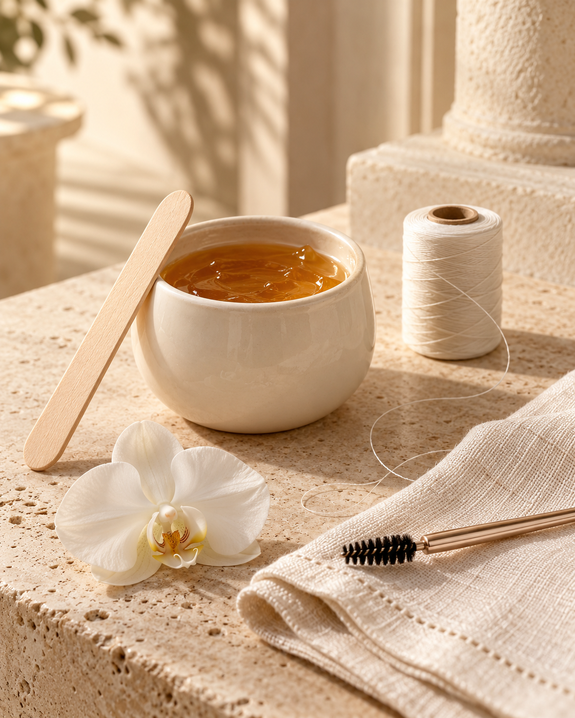 Waxing and threading essentials on ivory linen and warm stone