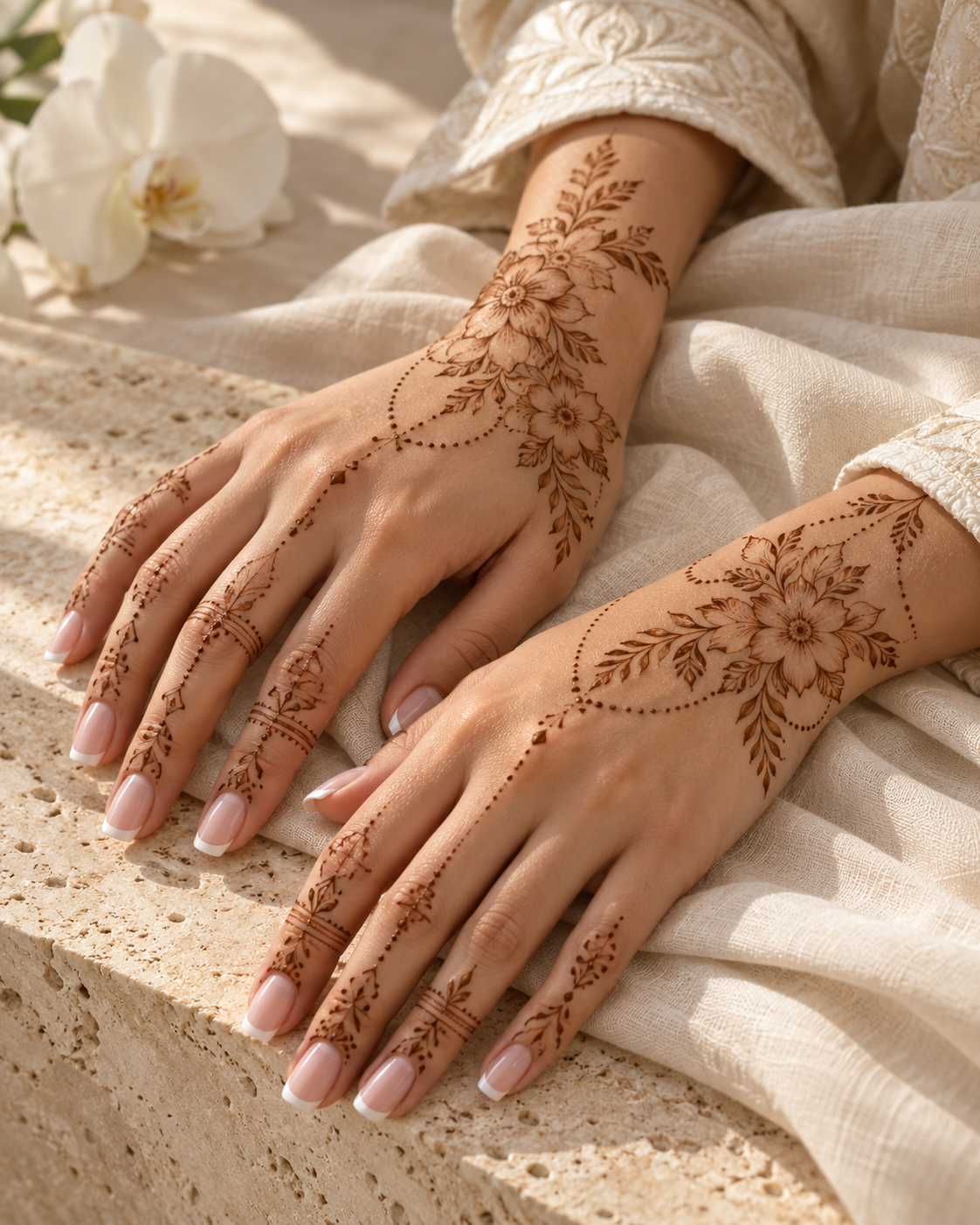 Fine floral henna patterns on hands resting on ivory linen